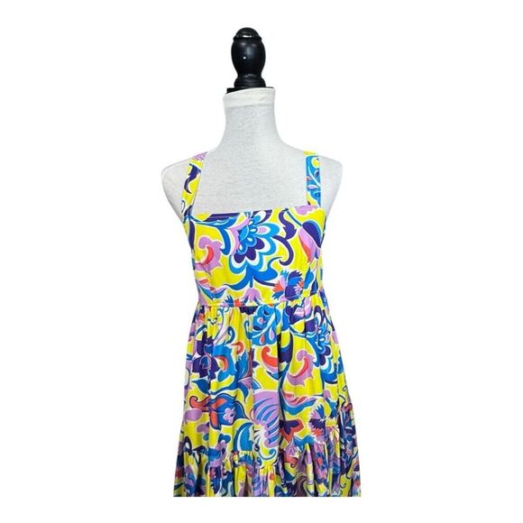 J Crew Tiered Taffeta Maxi Summer Dress Yellow Blue Purple Orange Floral Sz 4 - Picture 4 of 12
